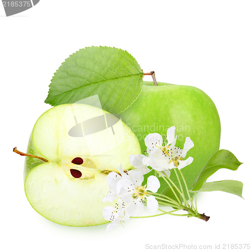 Image of Green apples with leaf and flowers