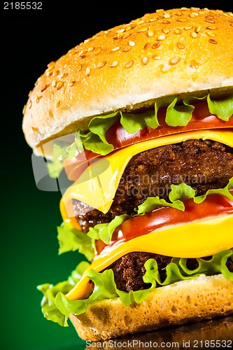 Image of Tasty and appetizing hamburger on a darkly green