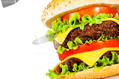 Image of Tasty and appetizing hamburger on a white