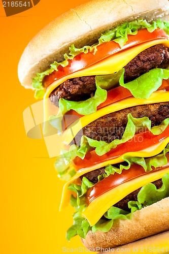 Image of Tasty and appetizing hamburger on a yellow