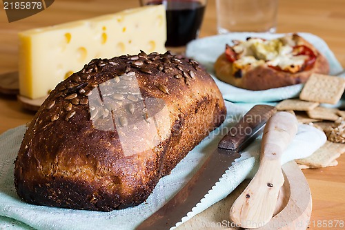 Image of Bread, cheese and wine