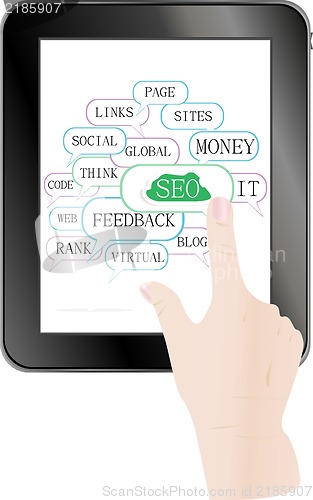 Image of tablet pc with cloud and tags on social engine optimization theme