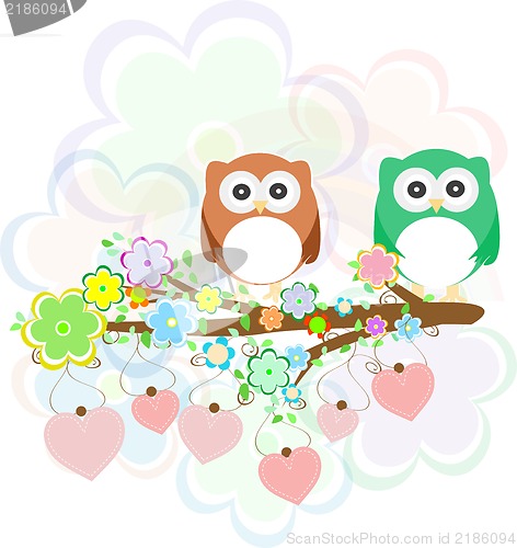 Image of Background with owls, tree branches and flowers