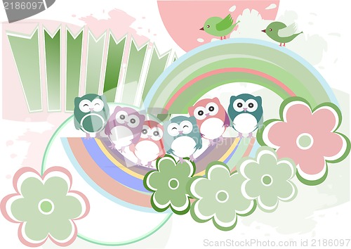 Image of Background with owl, flowers and birds, raster