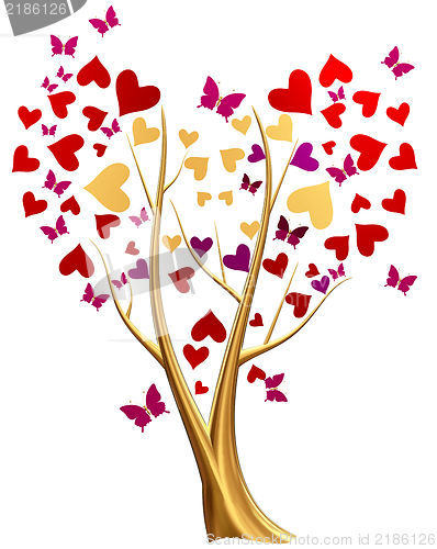 Image of golden tree with hearts and butterflies
