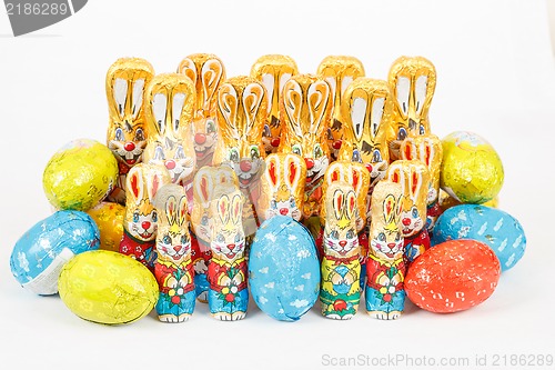 Image of group of easter chocolate rabbits - bunny and eggs