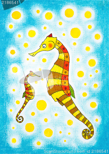 Image of Seahorses, child's drawing, watercolor painting on paper