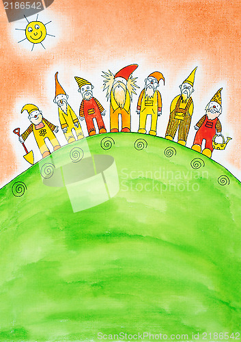 Image of Seven dwarfs, child's drawing, watercolor painting on paper