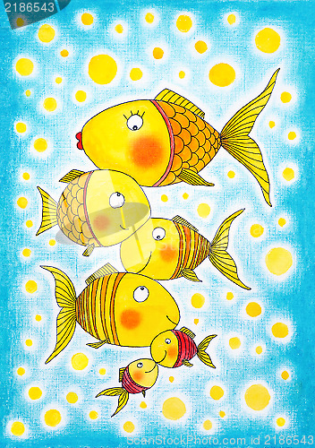 Image of Group of gold fish, child's drawing, watercolor painting on paper