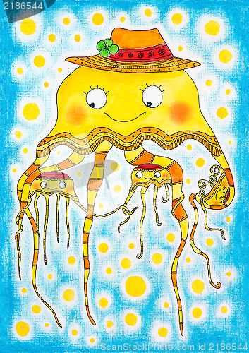 Image of Jellyfish family, child's drawing, watercolor painting on paper