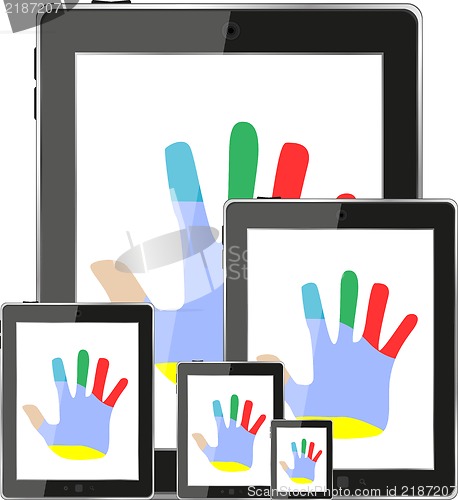 Image of touch tablet pc computer modern technology with hands