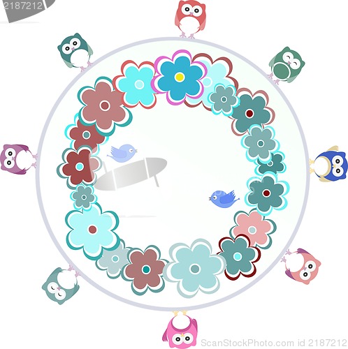 Image of Background with owl, flowers and birds, raster