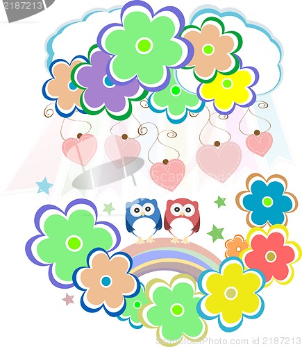 Image of Cute valentine owls, birds, flowers and love hearts