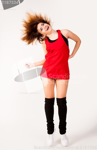 Image of young happy woman doing fitness