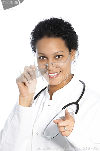 Image of Female doctor pointing towards the camera