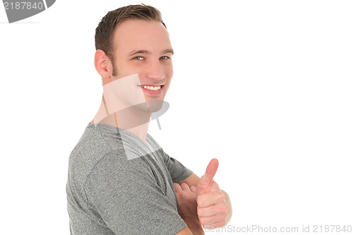 Image of Casual smiling man showing thumb up