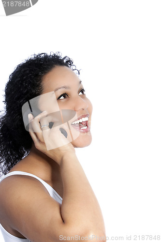 Image of Beautiful woman laughing on the phone