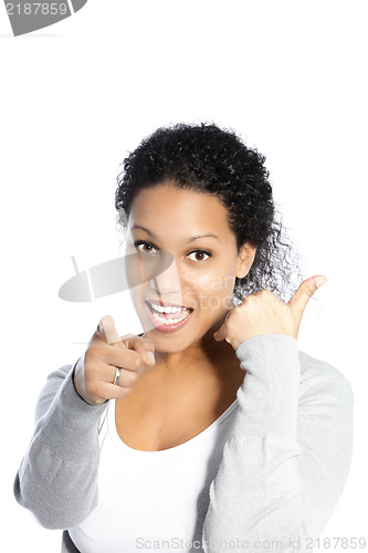 Image of Vivacious woman pointing at the camera