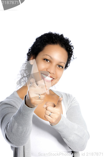 Image of Casual smiling woman on white background