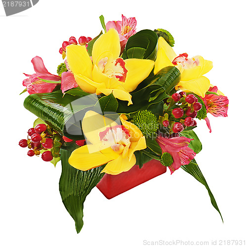 Image of Colorful flower bouquet from orchids and lilies arrangement cent