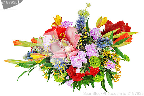 Image of Floral bouquet of orchids, gladioluses and carnation isolated on