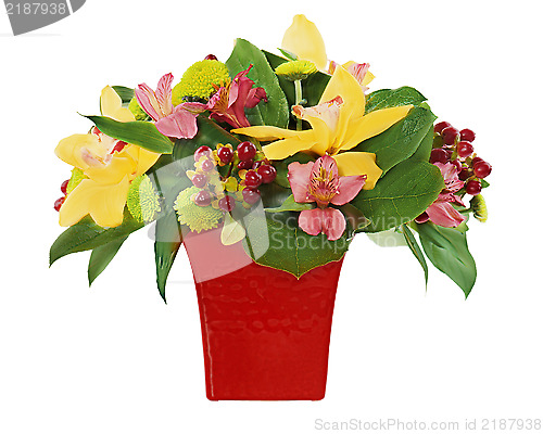 Image of Colorful flower bouquet from orchids and lilies arrangement cent