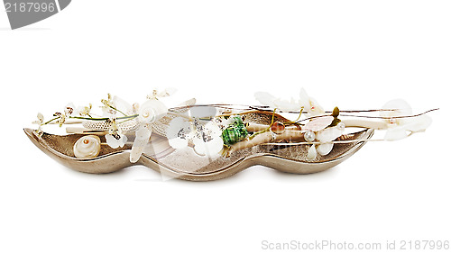 Image of Composition from pearls, coral and orchids isolated on white bac