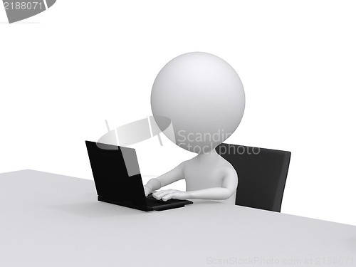 Image of 3d character Working on computer. On white background 