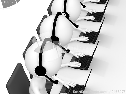 Image of Help Desk. 3D little human character in a Call Center. White Bac