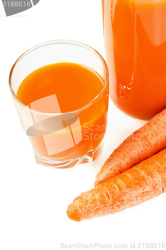 Image of Bottle with carrots juice, it is isolated on white