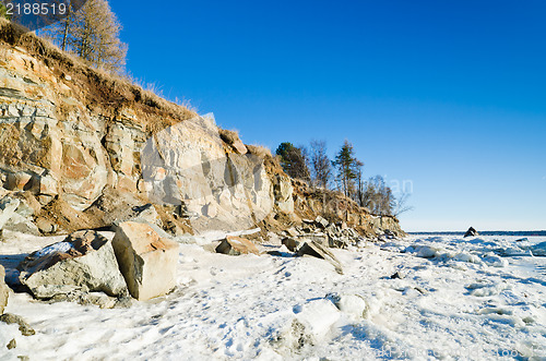 Image of North Estonian limestone shore on a sunny winter day 