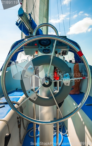 Image of Steering wheel on a luxury yacht