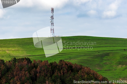 Image of Transmission tower with green fields