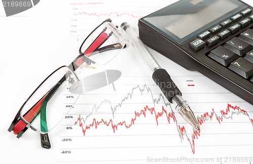 Image of calculator, charts, pen, glass, workplace businessman, business 