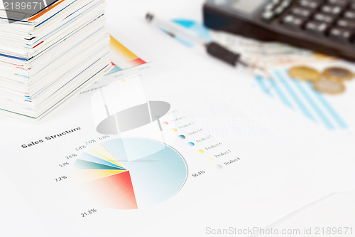 Image of calculator, charts, pen, business cards, workplace businessman, 