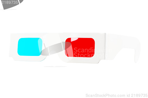 Image of Front view of red-and-blue disposable glasses