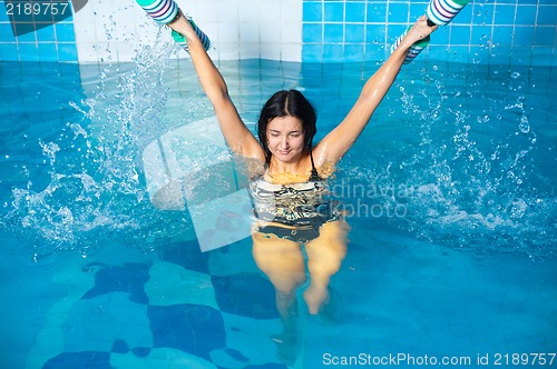 Image of Attractive girl trains in aqua aerobics