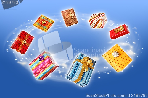 Image of Wrapped presents rotating and flying around