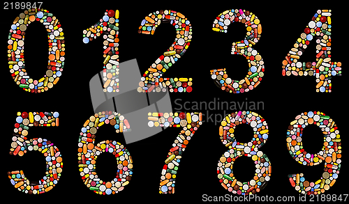 Image of Numbers 0 to 9 made of assorted pills