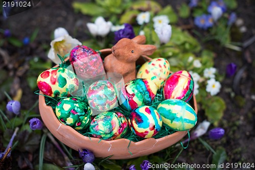 Image of Easter basket amongst spring crocus flowers