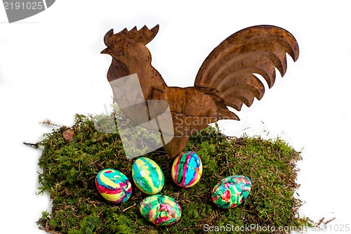 Image of Easter Decoration: Painted Eggs and Rooster on Moss