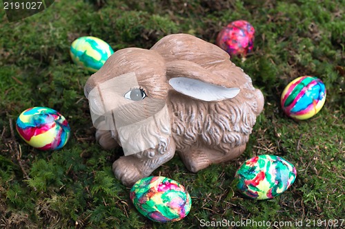 Image of Easter Decoration: Painted Eggs and Rabbit on Moss