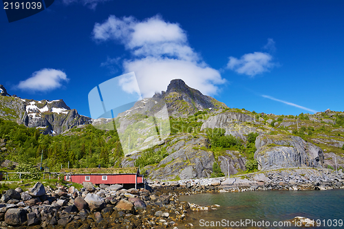 Image of Norwegian hut in fjord