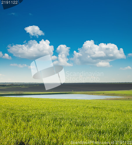 Image of green field and pond