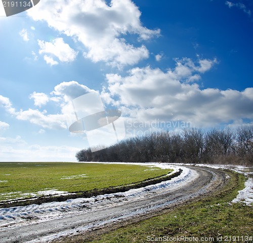 Image of spring road under cloudy sky
