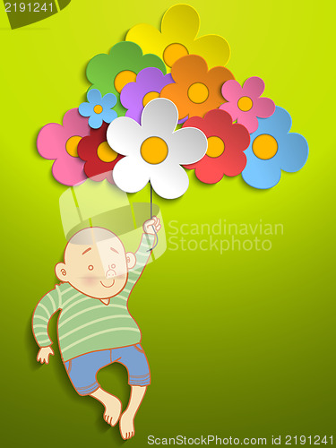 Image of  Boy Holding Beautiful Spring Colorful Flowers
