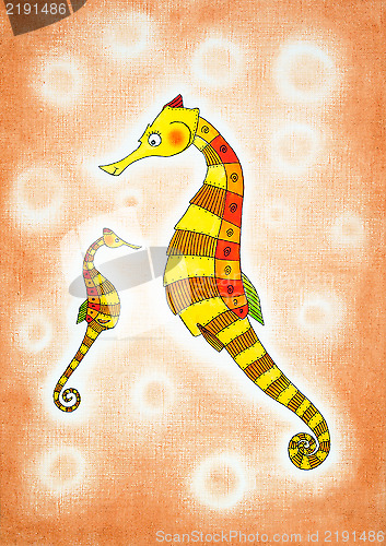 Image of Seahorses, child's drawing, watercolor painting on paper