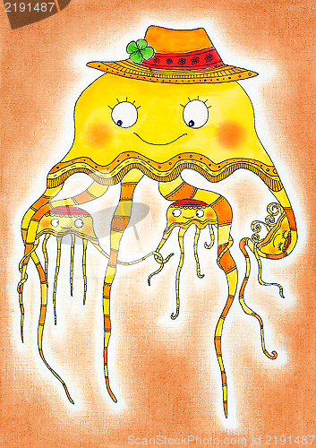 Image of Jellyfish family, child's drawing, watercolor painting on paper