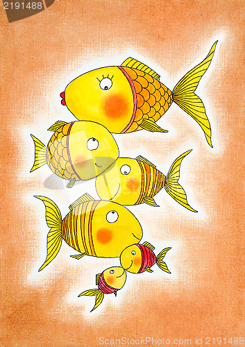 Image of Group of gold fish, child's drawing, watercolor painting on paper
