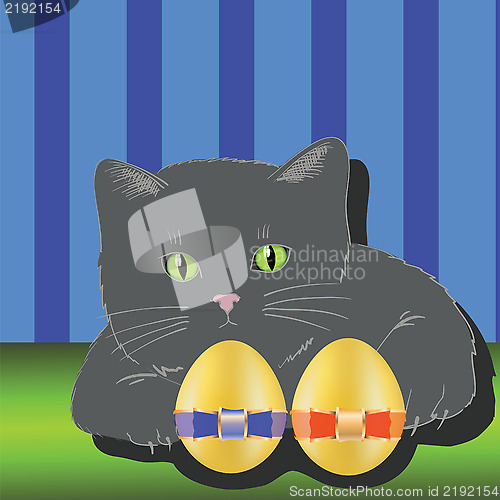 Image of cat and two easter eggs